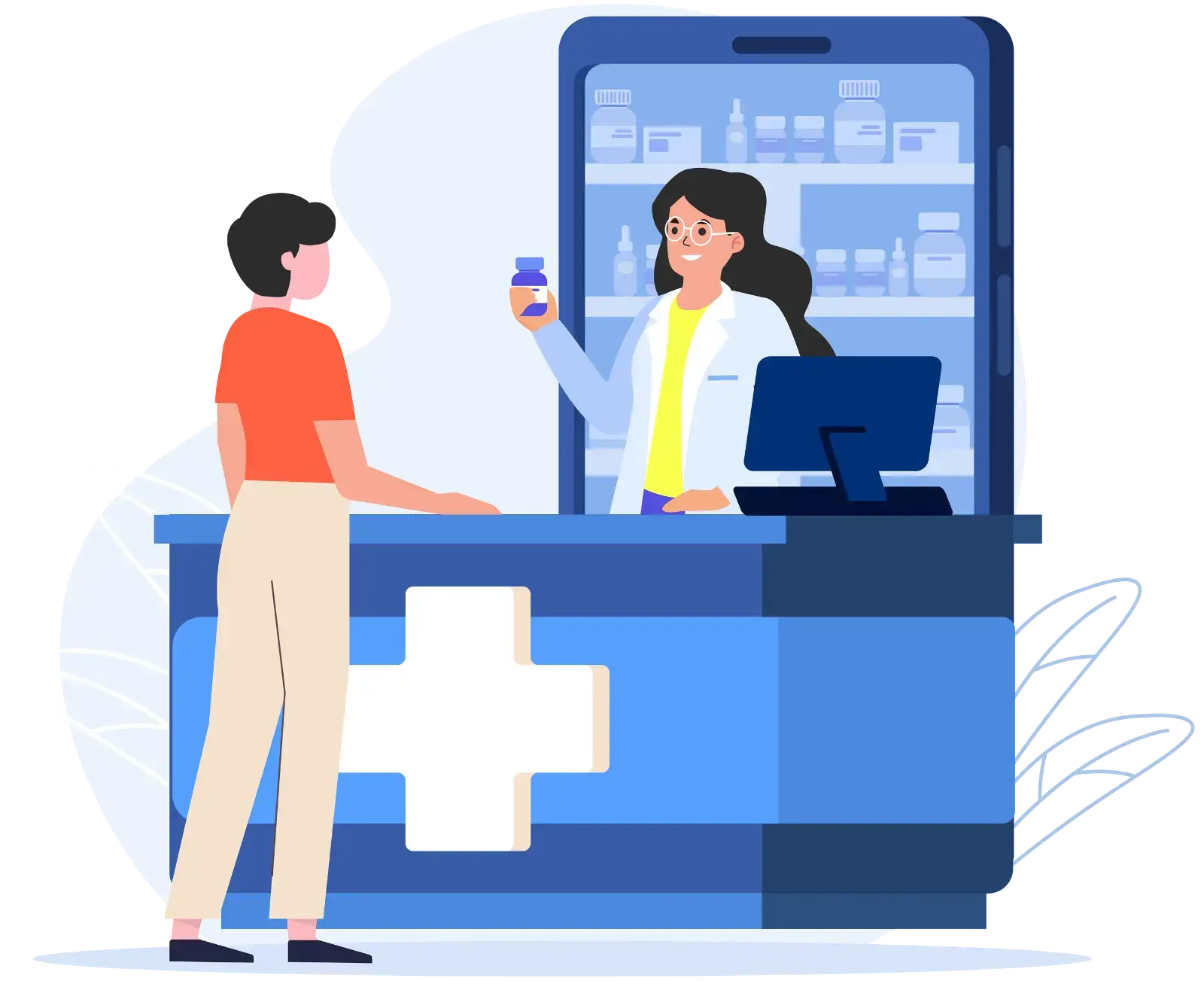 Online pharmacy illustration showing a pharmacist consulting with a patient through a digital device